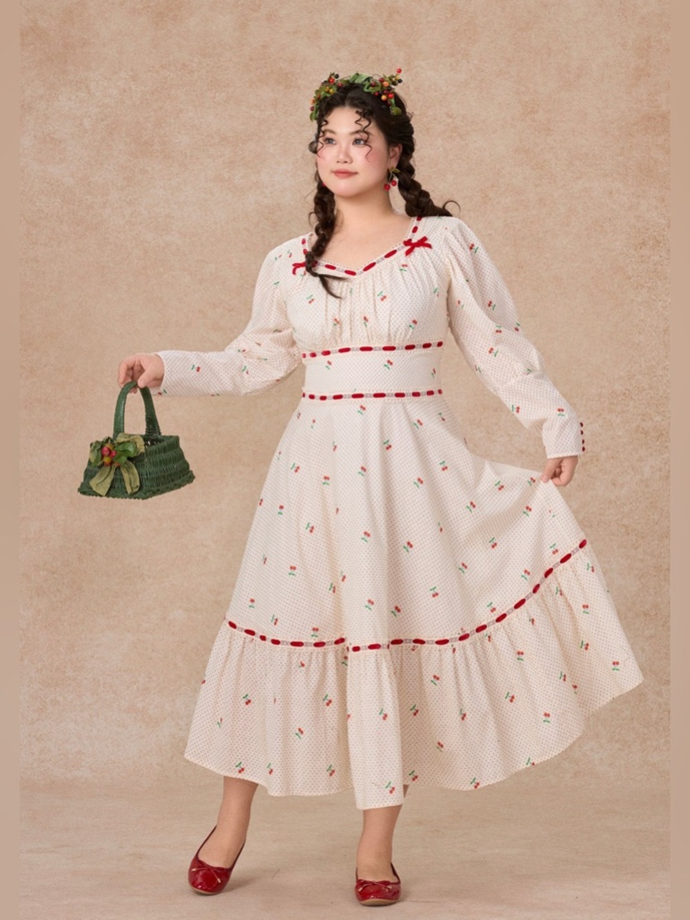 Lacemade Cherry Bite Cotton Long Sleeve Midi Dress White Red size Small